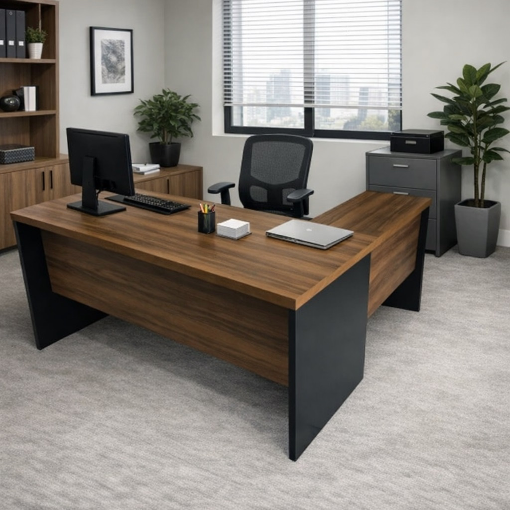 Mesa de escritório em L (Mesa 1,50m+auxiliar) s/gavetas - Cor Nogal/Preto - 1207 - Imagem 2