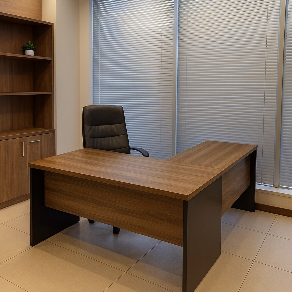 Mesa de escritório em L (Mesa 1,50m+auxiliar) s/gavetas - Cor Nogal/Preto - 1207 - Imagem 3