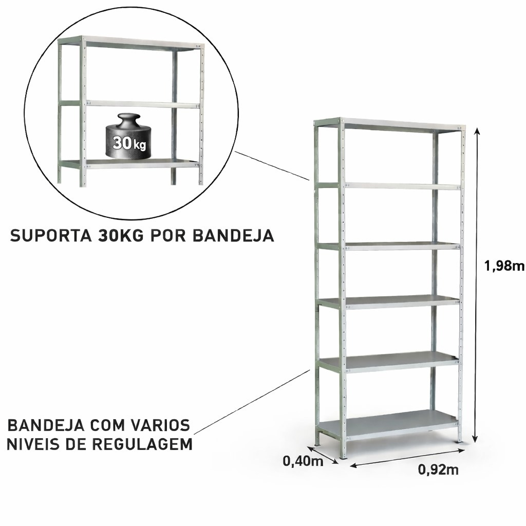 Estante de Aço Cinza 06 Bandejas 40 cm (#24-18) 1,98×0,92×0,40m – 3005 - Imagem 2