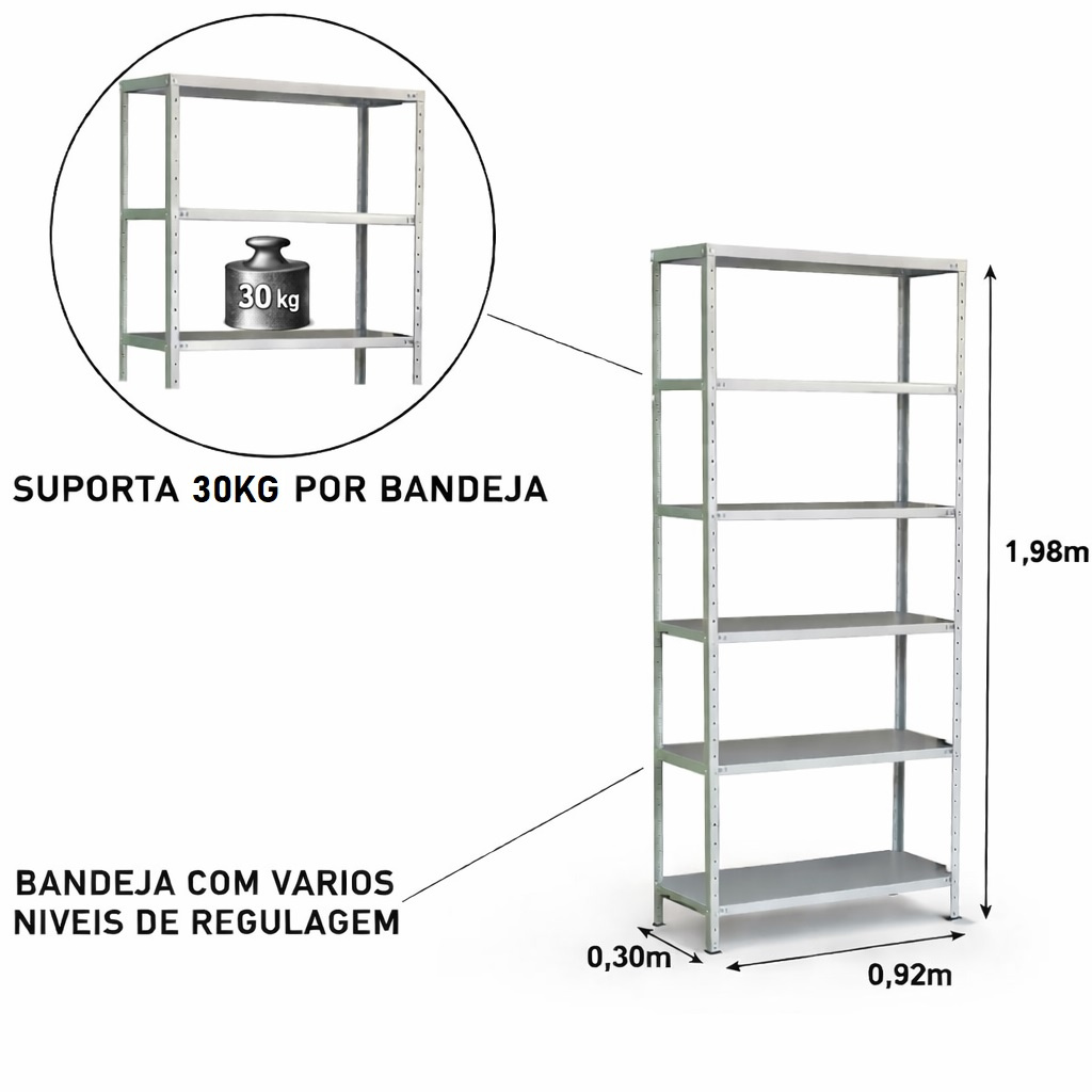 Estante de Aço Cinza 06 Bandejas 30cm (#24-18) - 1,98×0,92×0,30m - 3002 - Imagem 2