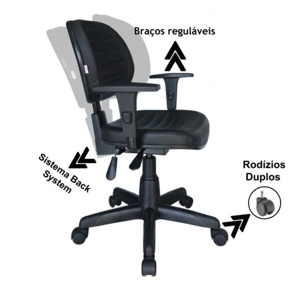 Cadeira Executiva Back System COSTURADA com Braços Reguláveis – Cor Preta – Móveis Supremo - 2108 - Imagem 2