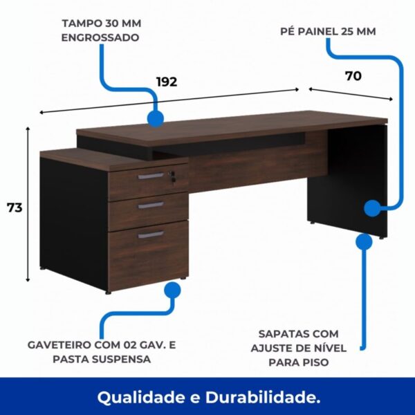 Mesa PEDESTAL RETA (03 Gavetas) 1,92X0,60m– Marsala/Preto – 1112 - Imagem 2