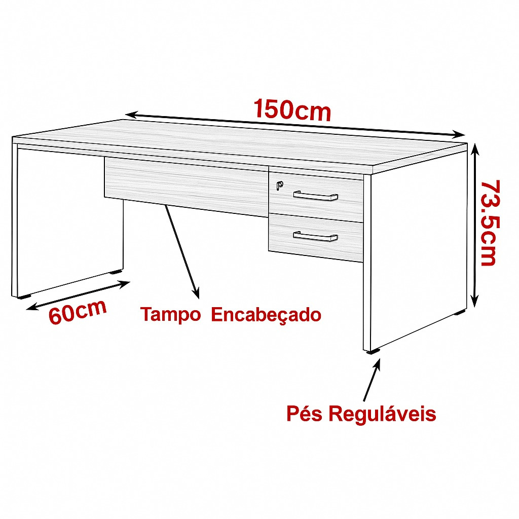 Mesa de Escritório com Gavetas 1,50×0,60m – NOGAL SEVILHA/PRETO-1904 - Imagem 2