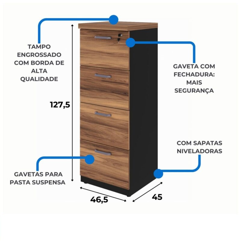 Arquivo 04 Gavetas Pasta Suspensa – 1,28×0,46×0,45m – sevilha / preto - 1922 - Imagem 3