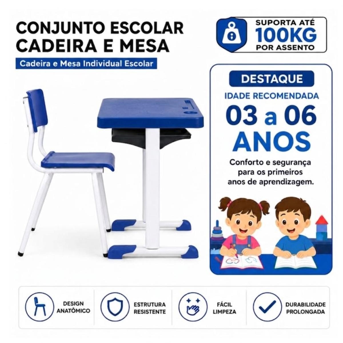 Kit Escolar Individual (Mesa e Cadeira) – INFANTIL 03 a 06 Anos – Cor Azul - 4101 - Imagem 2