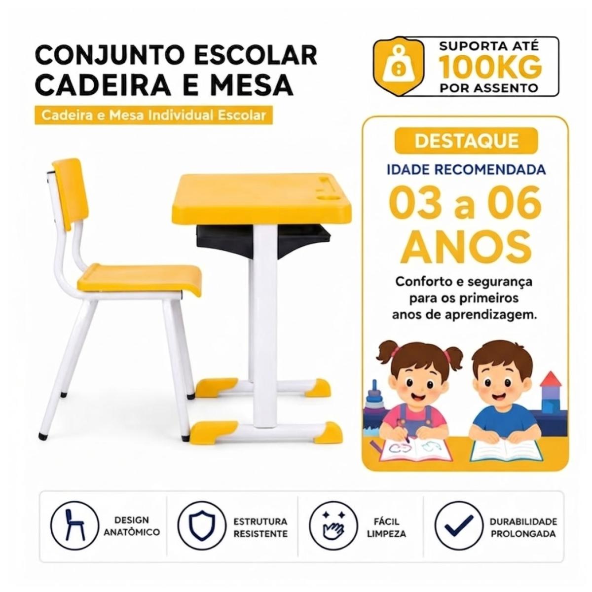 Kit Escolar Individual (Mesa e Cadeira) – INFANTIL 03 a 06 Anos - Cor Amarelo - 4103 - Imagem 7