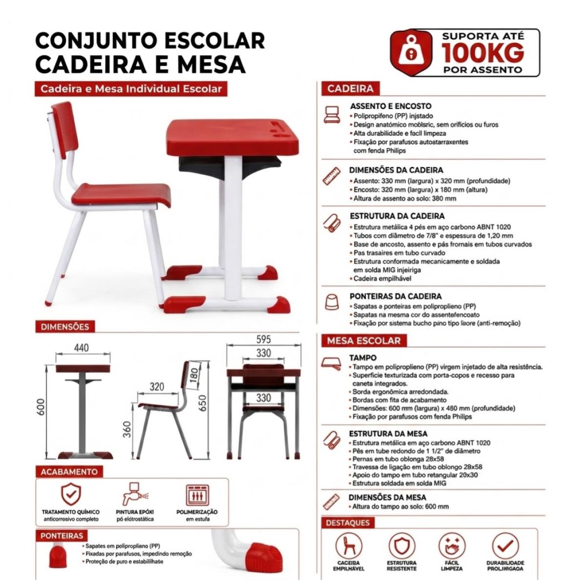 Kit Escolar Individual (Mesa e Cadeira) – INFANTIL 03 a 06 Anos - Cor Vermelho - 4104 - Imagem 7