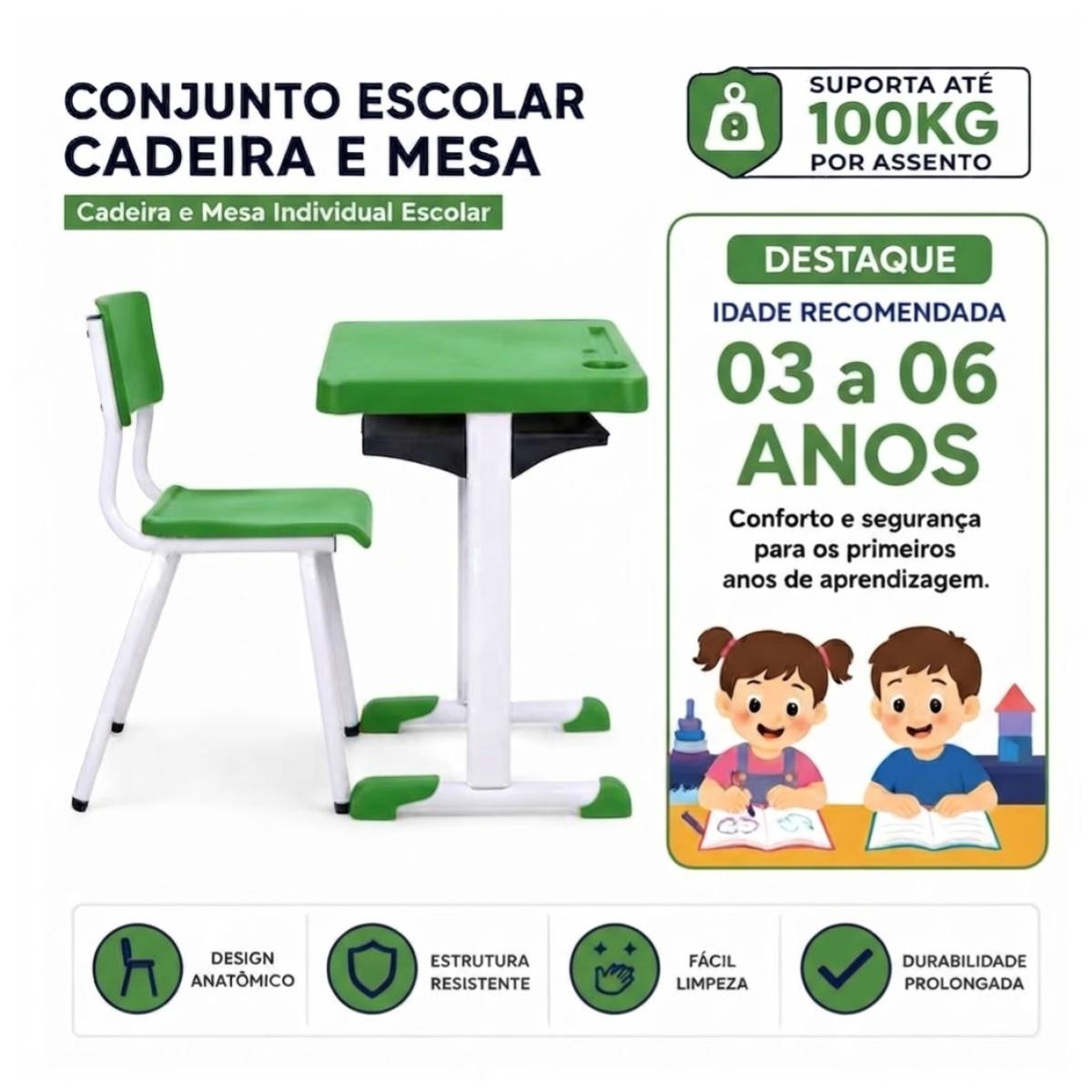 Kit Escolar Individual (Mesa e Cadeira) – INFANTIL 03 a 06 Anos - Cor Verde - 4102 - Imagem 2