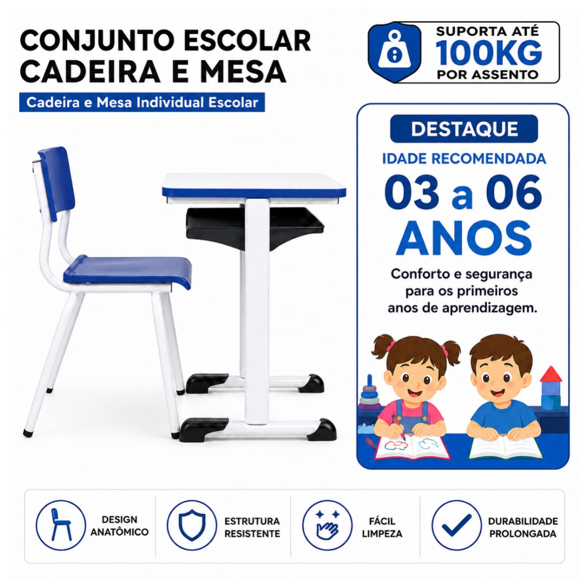 Conjunto Escolar Individual – (Mesa e Cadeira) – INFANTIL – MDF – Cor Azul - 4105 - Imagem 4