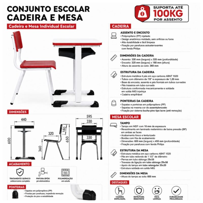 Conjunto Escolar Individual – (Mesa e Cadeira) – INFANTIL – MDF – Cor Vermelho - 4107 - Imagem 7