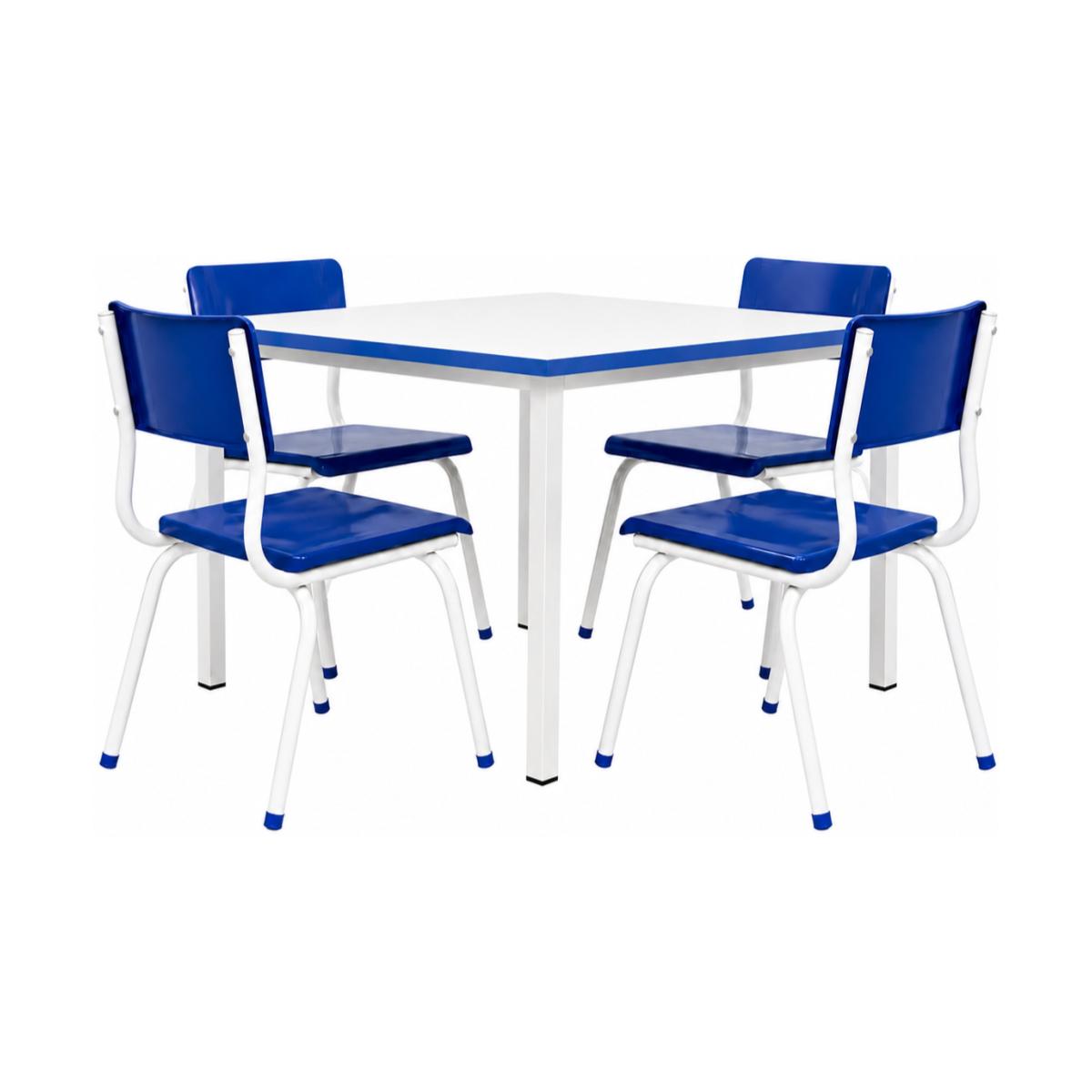 Conjunto QUADRADO c/ 04 Cadeiras Cor AZUL – TAMPO BRANCO – INFANTIL 02 a 06 Anos - Móveis Supremo - 4170