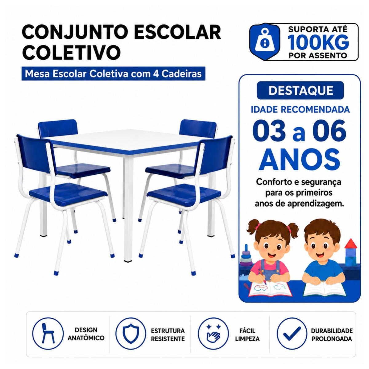 Conjunto QUADRADO c/ 04 Cadeiras Cor AZUL – TAMPO BRANCO – INFANTIL 02 a 06 Anos - Móveis Supremo - 4170 - Imagem 11