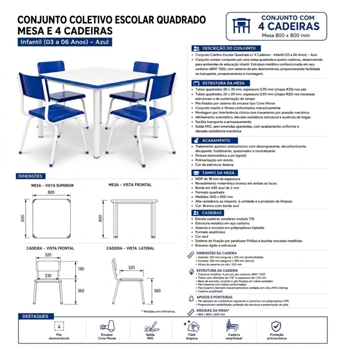 Conjunto QUADRADO c/ 04 Cadeiras Cor AZUL – TAMPO BRANCO – INFANTIL 02 a 06 Anos - Móveis Supremo - 4170 - Imagem 4