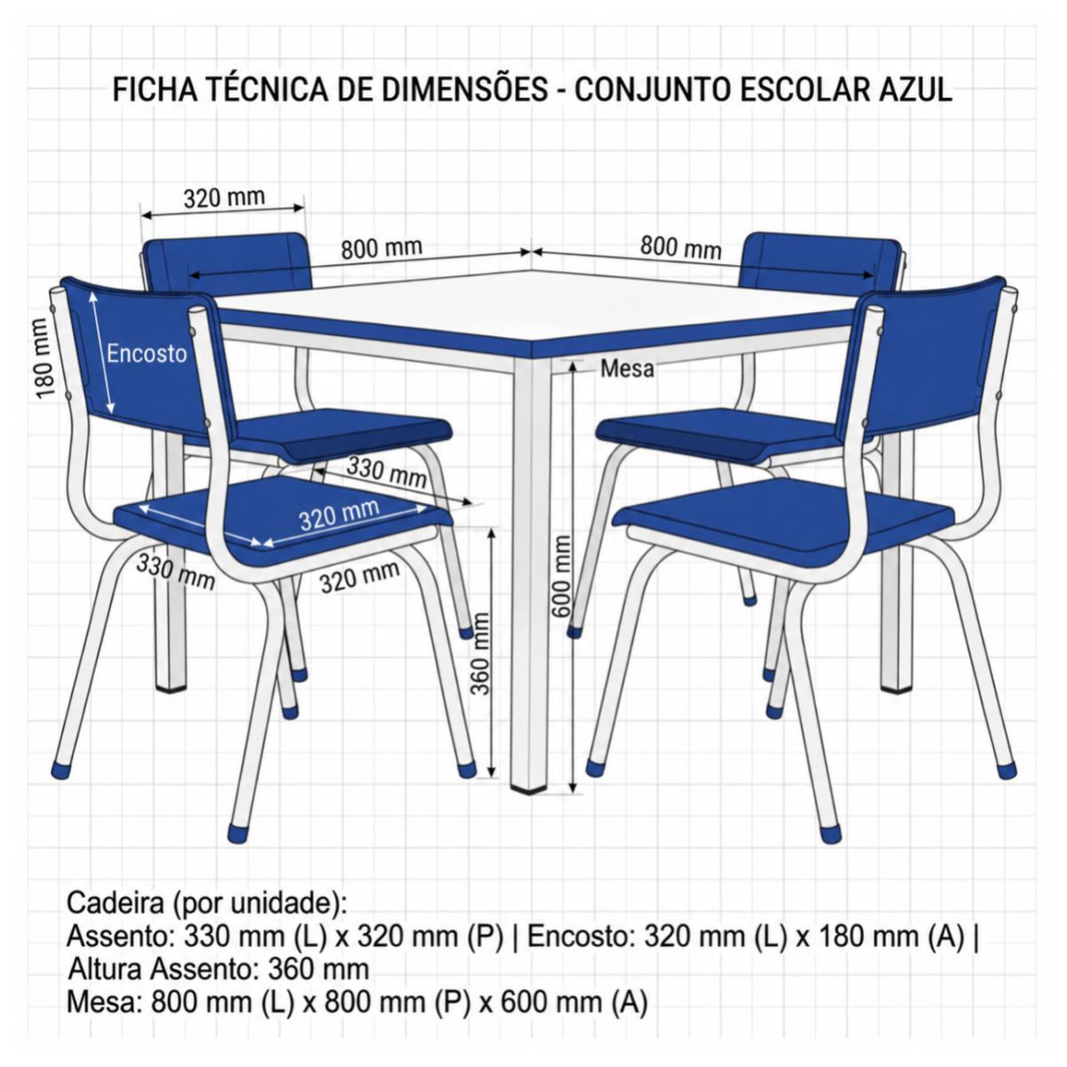 Conjunto QUADRADO c/ 04 Cadeiras Cor AZUL – TAMPO BRANCO – INFANTIL 02 a 06 Anos - Móveis Supremo - 4170 - Imagem 3