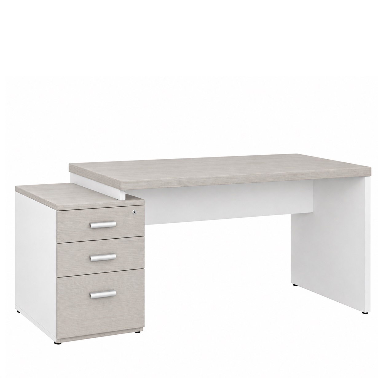 Mesa pedestal reta com 3 gavetas – 1,72x0,70 - Cor Fresno/Branco - 1016