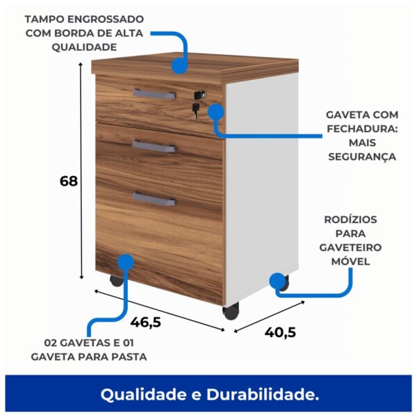 Gaveteiro Volante 03 Gav – 0,68×0,46×0,40m NOGAL SEVILHA/BRANCO - 2226 - Imagem 4
