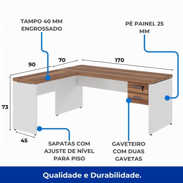 Mesa em L (Mesa 1,70m + Mesa Auxiliar) – C/ Gavetas – NOGAL SEVILHA/BRANCO – 2225 - Image 5