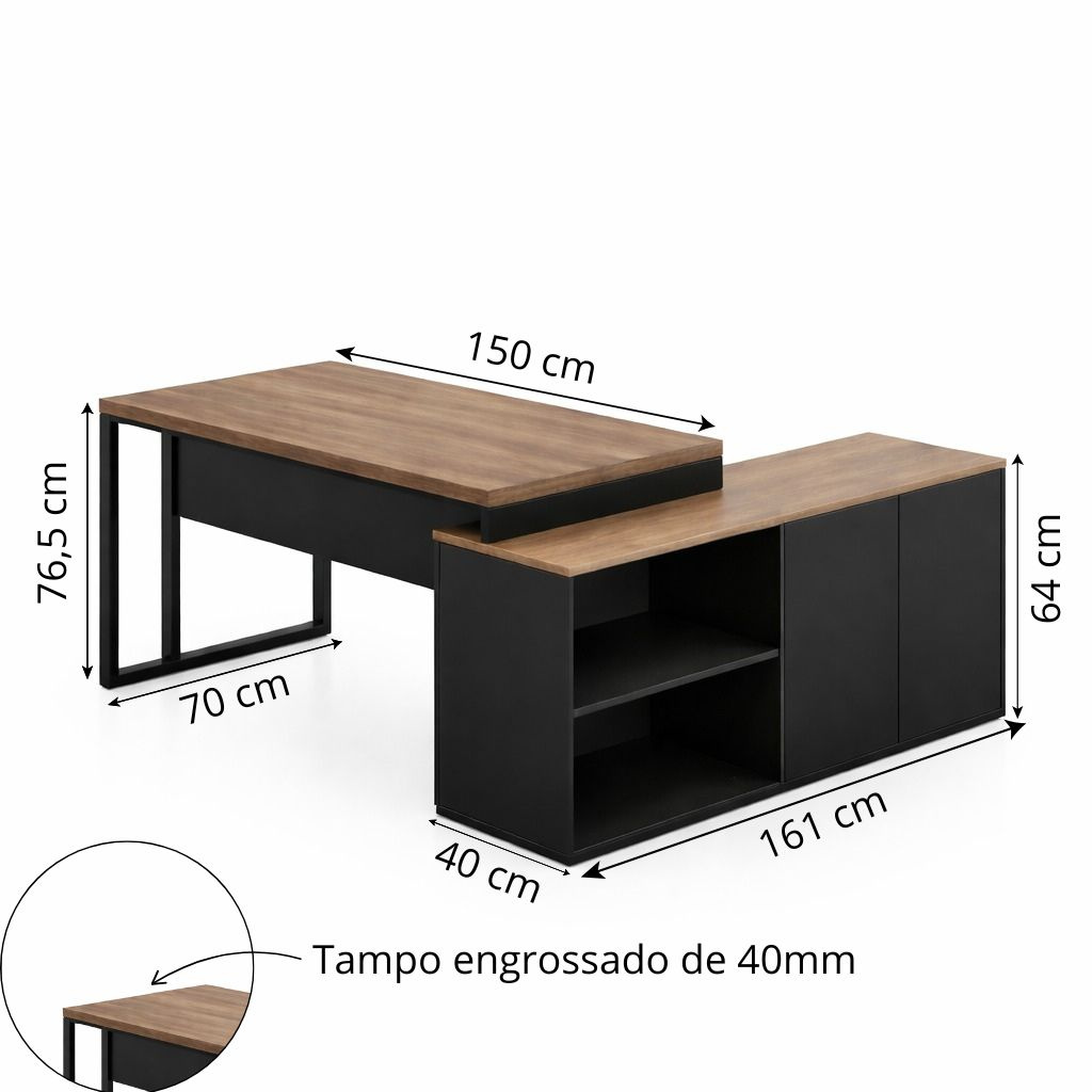 Mesa Diretorzinho c/aparador 1,50m Pé Retangular Nogal/Preto - Imagem 2