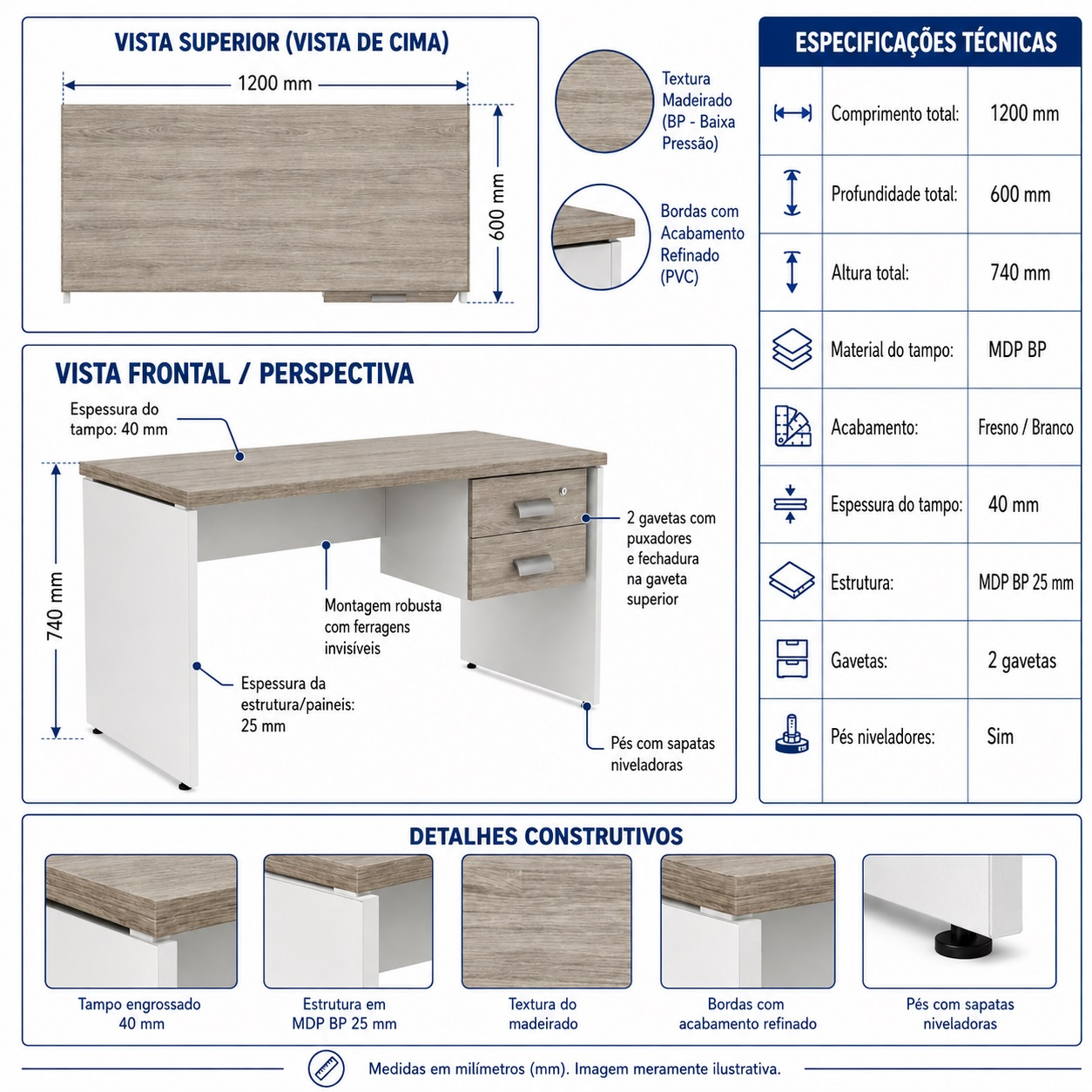 Mesa de Escritório Reta 1,20 X 0,60 C/ Gavetas - Cor Fresno/Branco - Marzo Vitorino - 1017 - Imagem 5