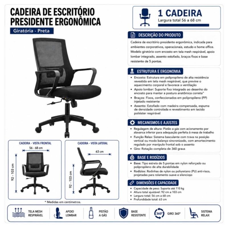 Cadeira Presidente Tela Mesh com Relax e Amortecimento Regulável - 2434 - Imagem 4