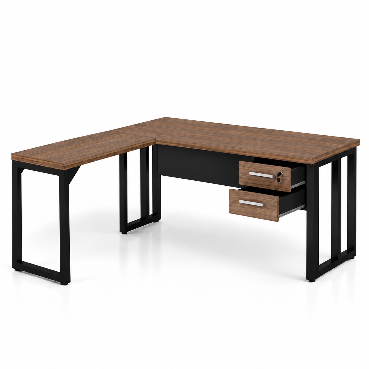 Mesa de escritório em L c/gavetas pé retangular 150X160m Nogal/Preto - 1199