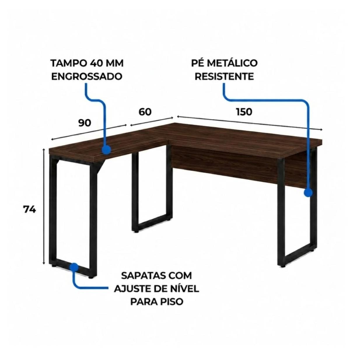 Mesa de escritório em L 1,50x60 Pé Retangular C/ Gaveta London/Preto - 1140 - Imagem 2